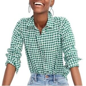 J. Crew White Green Gingham Crinkle Cotton Boy Cut Button Up Shirt Blouse Sz 6